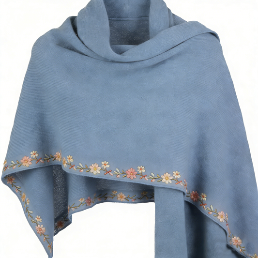 Sky Blue Floral Embroidered Knit Poncho