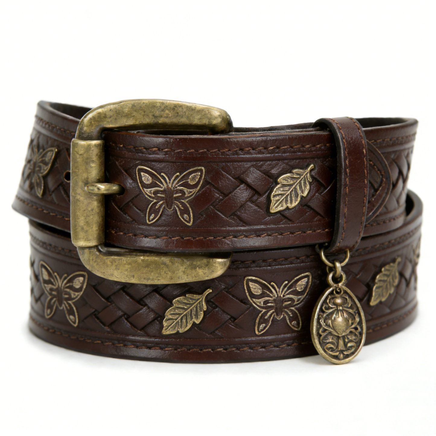 Vintage Brown Wide Belt with Butterfly & Leaf Emboss