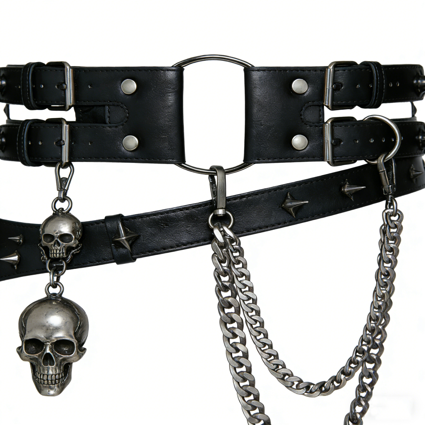 Edgy Black Punk Belt with Skull Charms & Chains