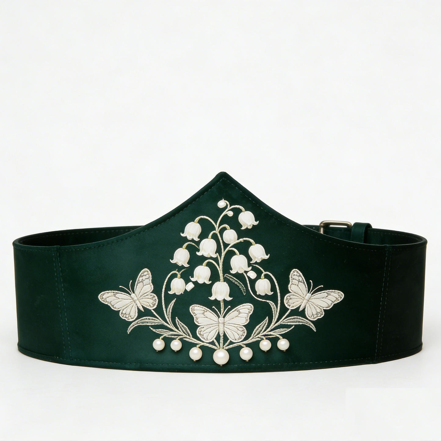 Emerald Green Wide Belt with Lily of the Valley Embroidery