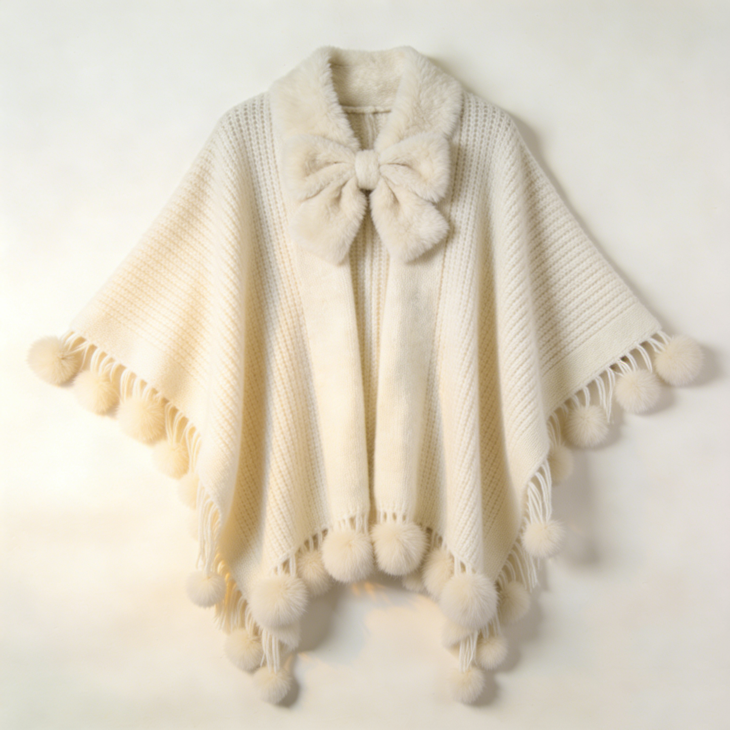 Ivory Faux Fur Bow & Pompon Knit Poncho