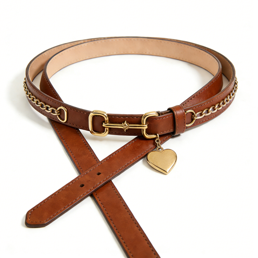 Classic Tan Leather Belt with Chain & Heart Charm