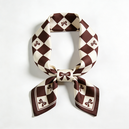 Brown & Cream Checkerboard Bow Scarf