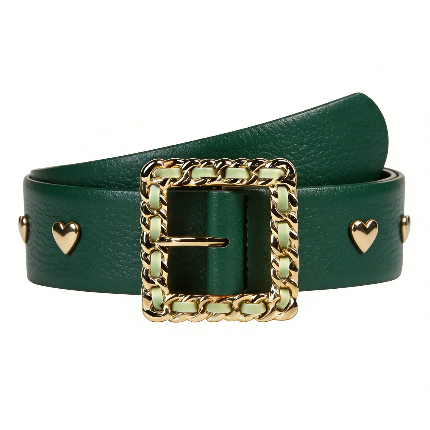 Emerald Green Leather Belt with Gold Heart Studs