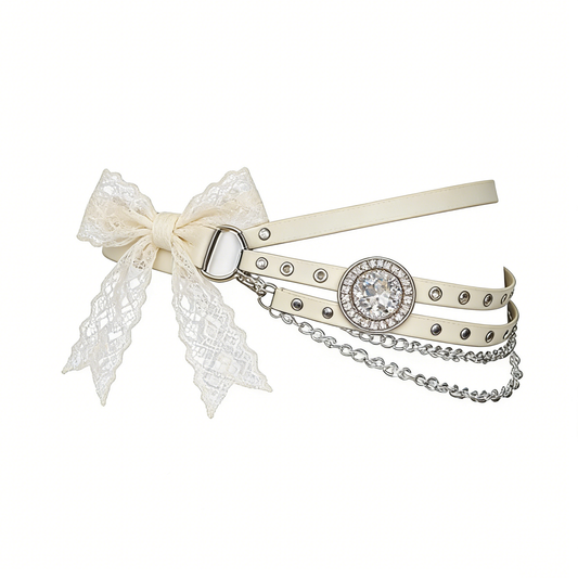 Ivory Double-Layer Belt with Lace Bow & Rhinestone Accent