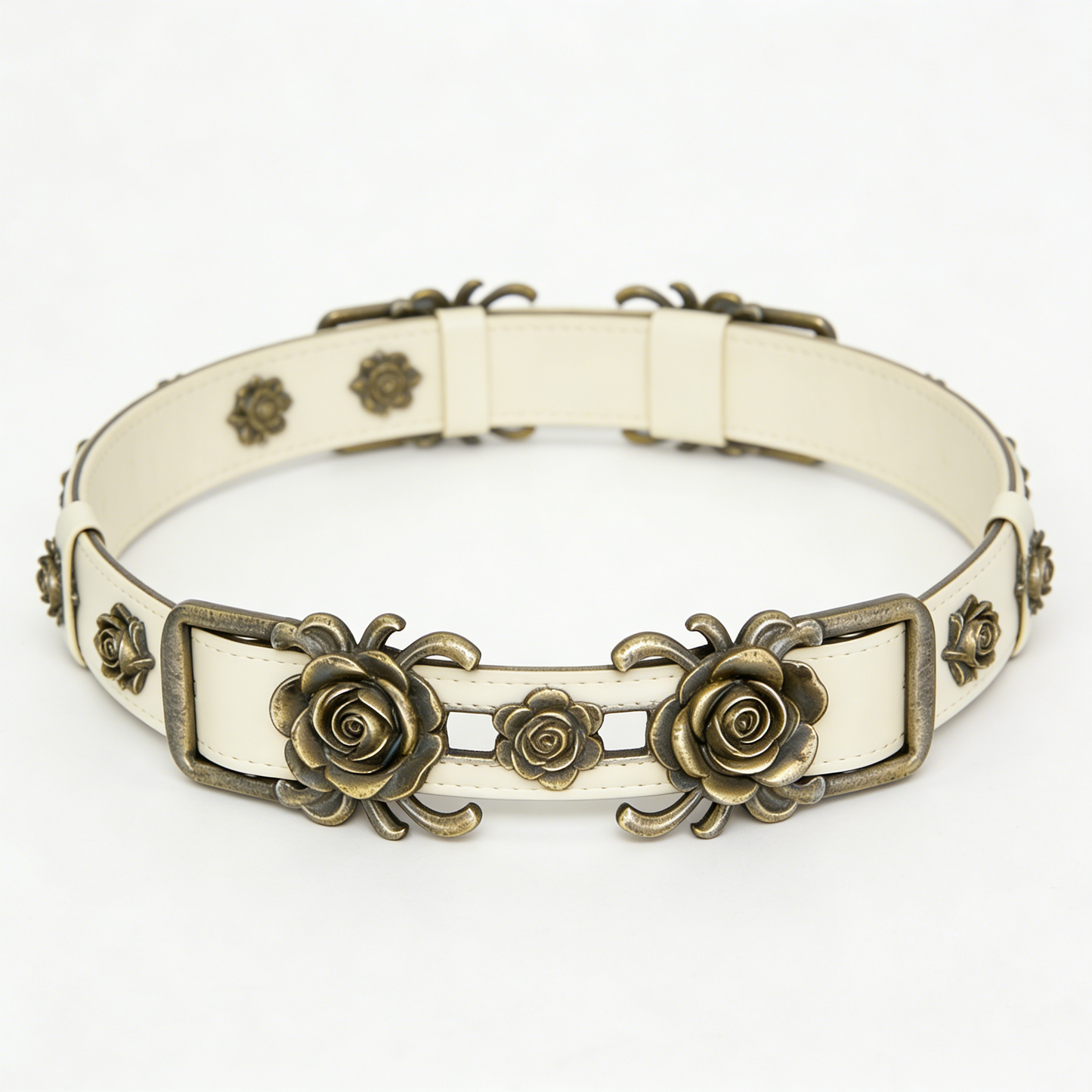 Ivory Leather Belt with Vintage Rose Hardware