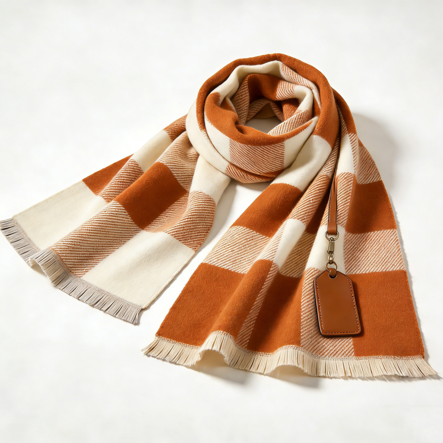 Caramel & Cream Checkered Wool Blend Scarf