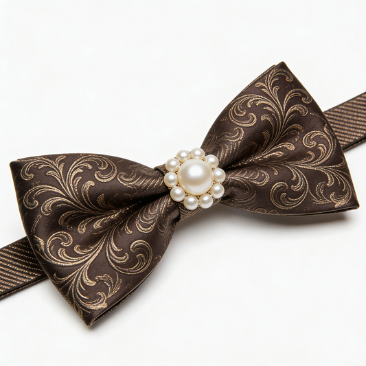Pearl-Decorated Brown Bow Tie