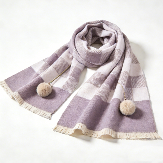 Lavender & Cream Pom-Pom Checkered Scarf