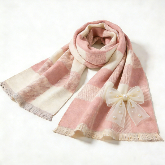 Blush Pink & Cream Bow Checkered Scarf