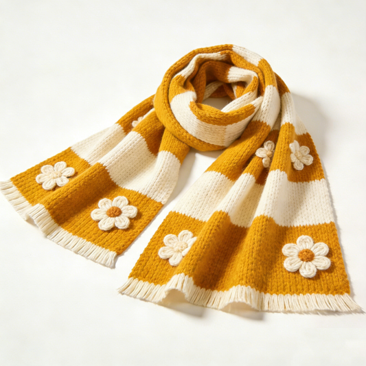 Creamy Yellow And Cream-Colored Striped Daisy Knitted Scarf