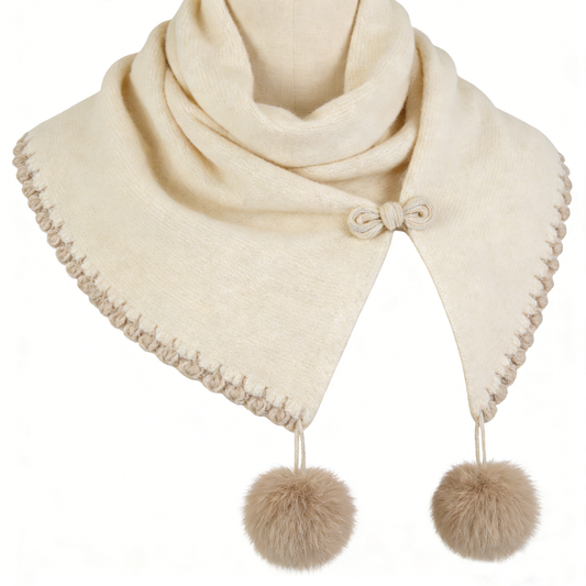 Ivory Knit Pom-Pom Shawl