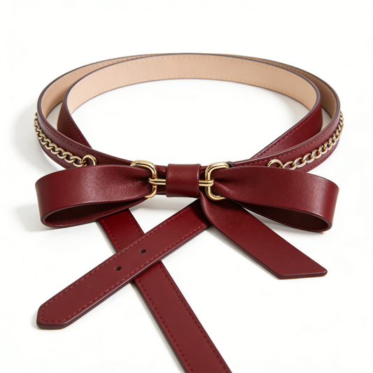 Burgundy Bow & Chain Waist Belt