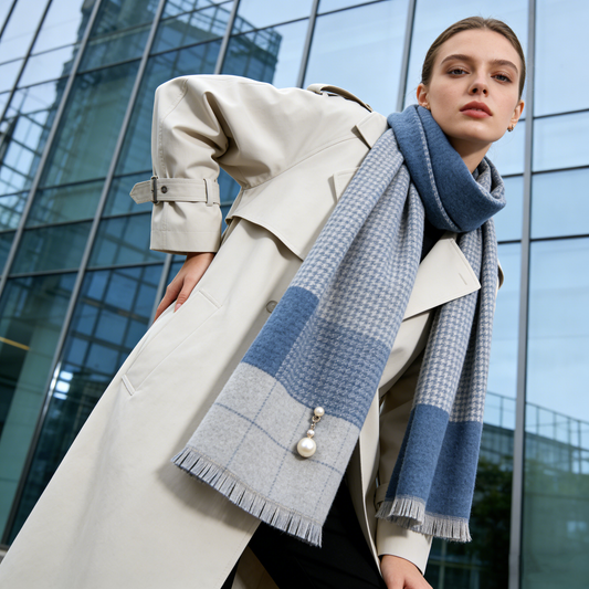 Blue & Grey Houndstooth Wool Scarf