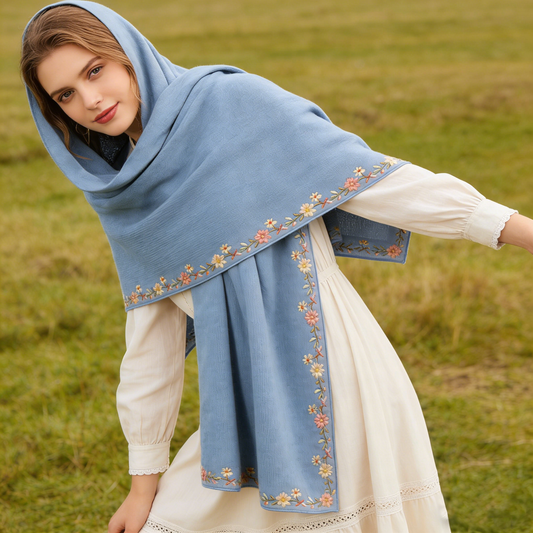 Sky Blue Floral Embroidered Knit Poncho