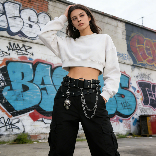 Edgy Black Punk Belt with Skull Charms & Chains