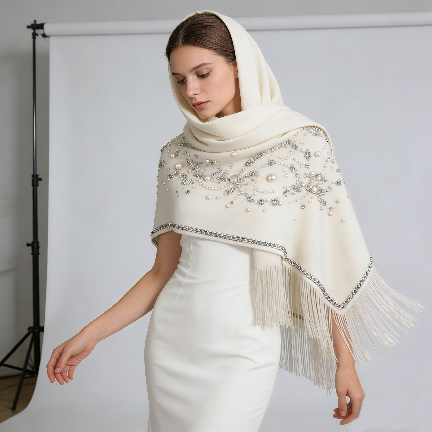 Ivory Crystal & Pearl Embellished Poncho