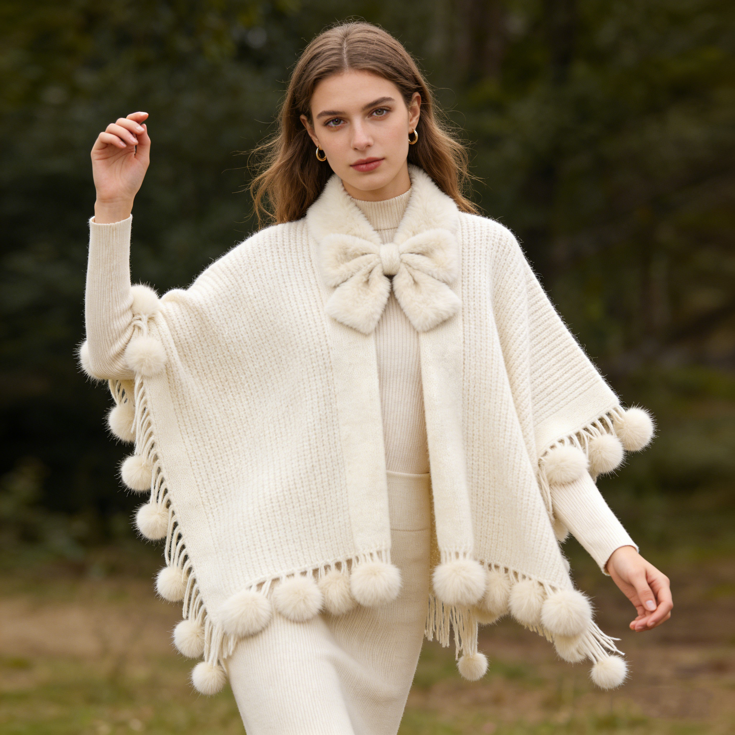 Ivory Faux Fur Bow & Pompon Knit Poncho