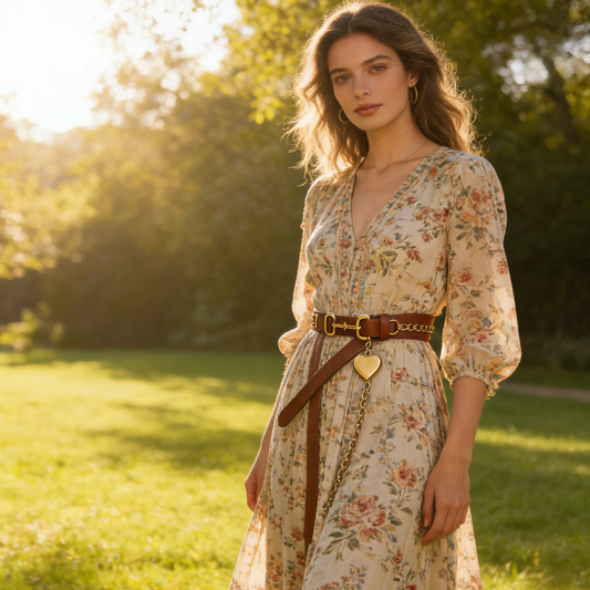Classic Tan Leather Belt with Chain & Heart Charm