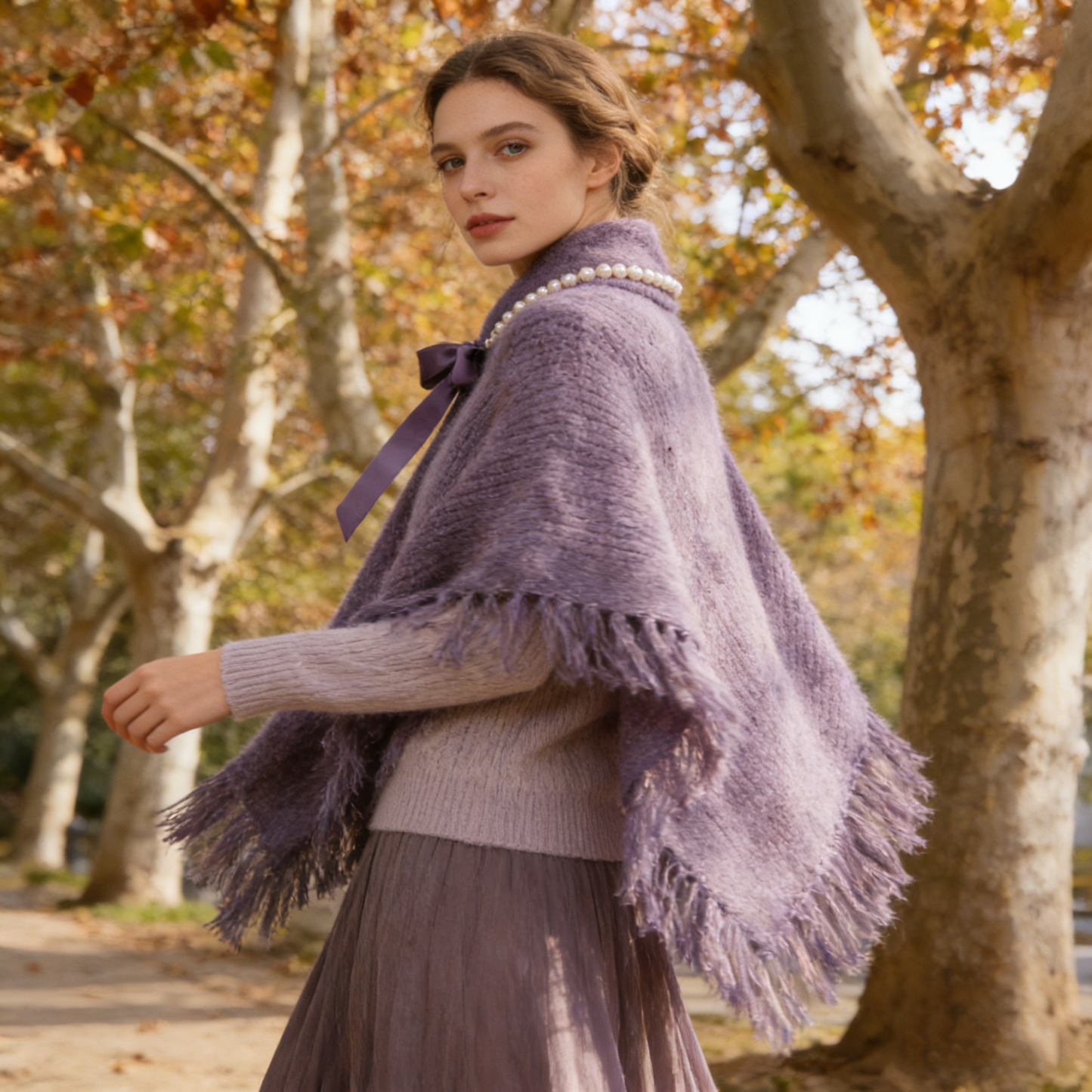 Lavender Knit Poncho with Pearl Collar & Satin Bow