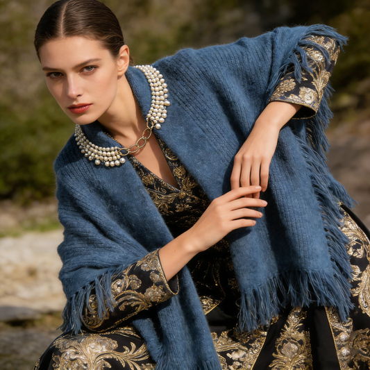 Denim Blue Knit Poncho with Pearl Choker Detail