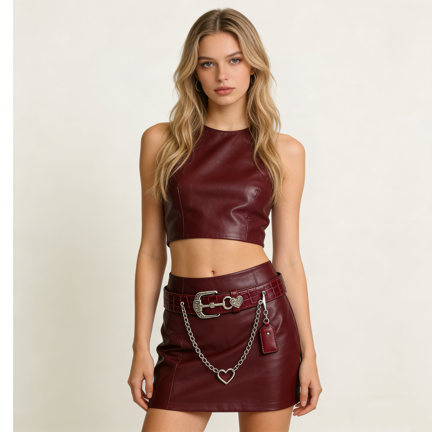 Burgundy Croc-Embossed Leather Belt with Heart Charm & Chain