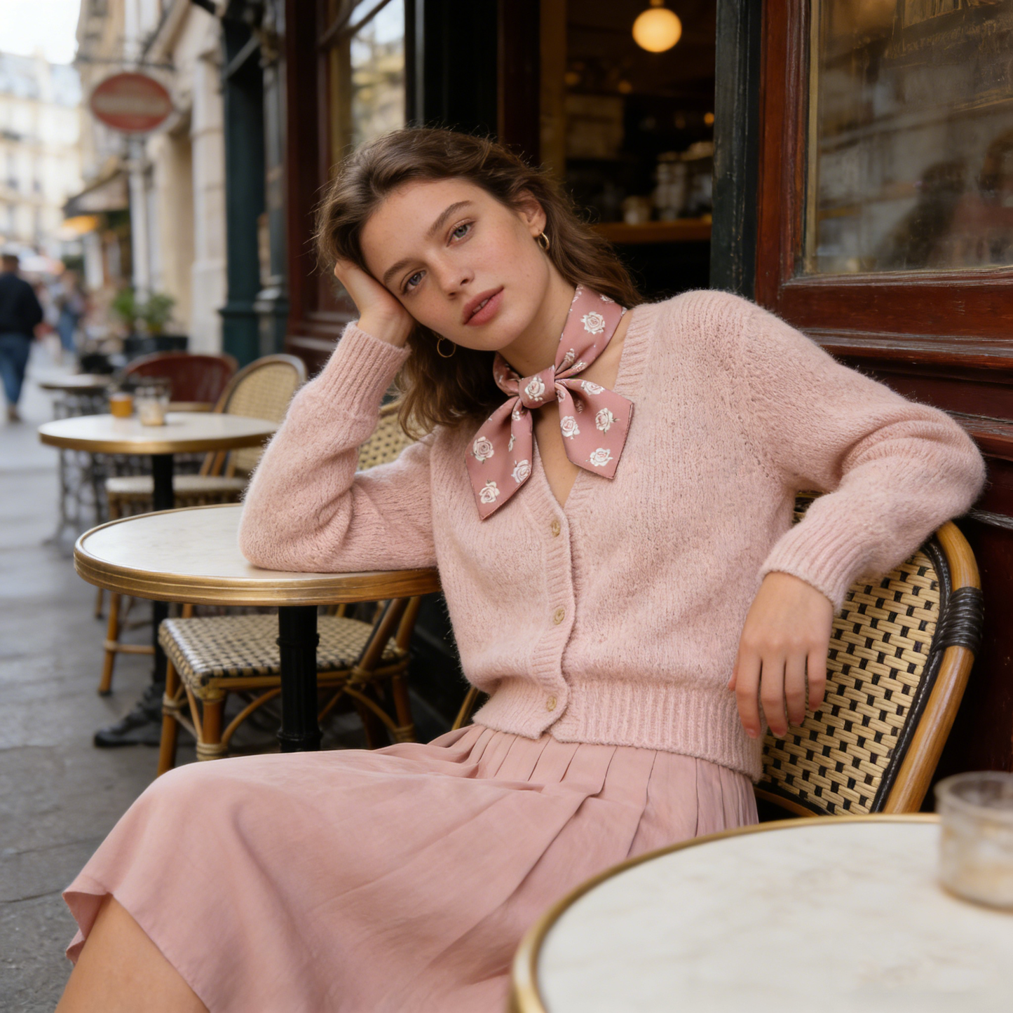 Pink Rose Print Fabric Bow Scarf