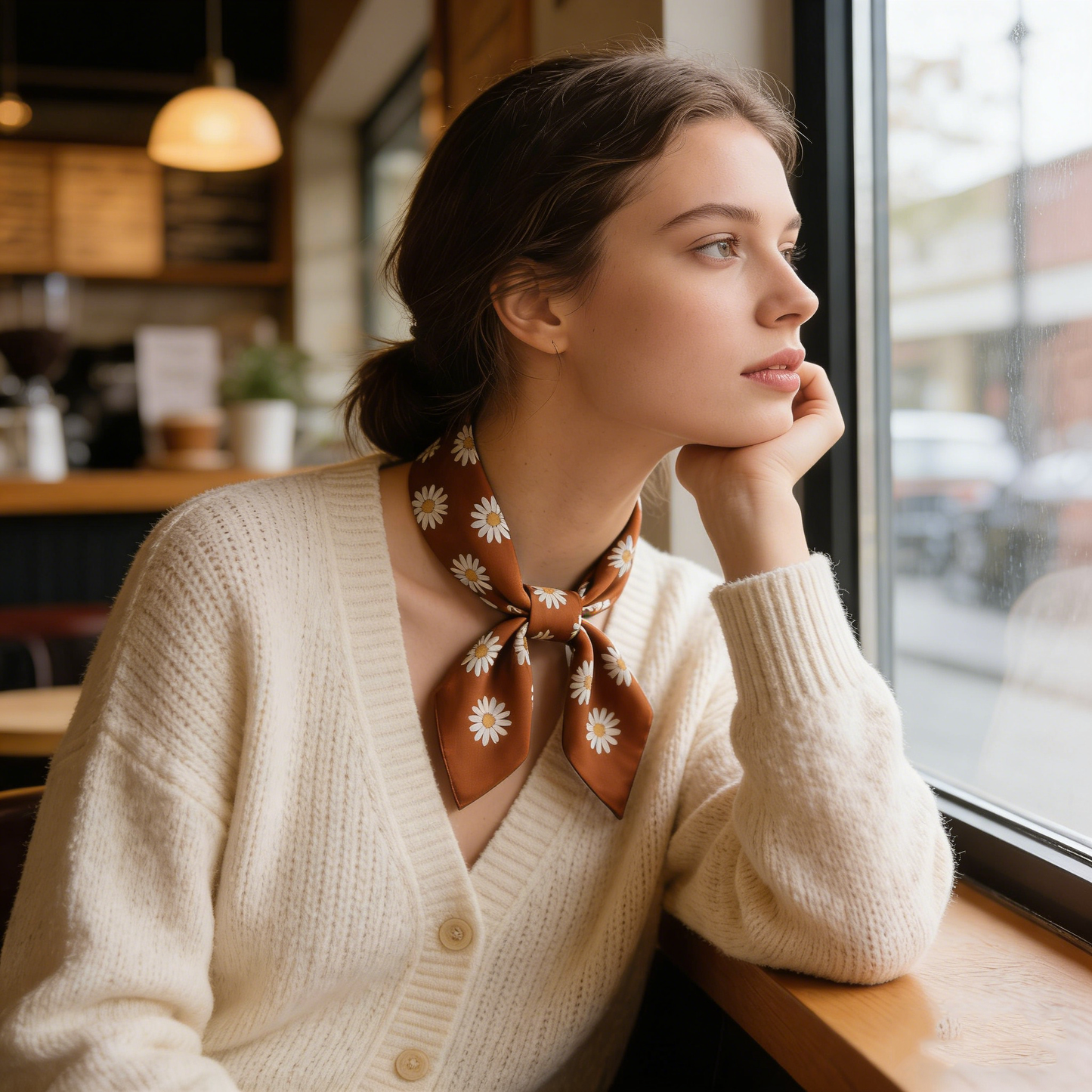 Brown Daisy Print Bow Scarf