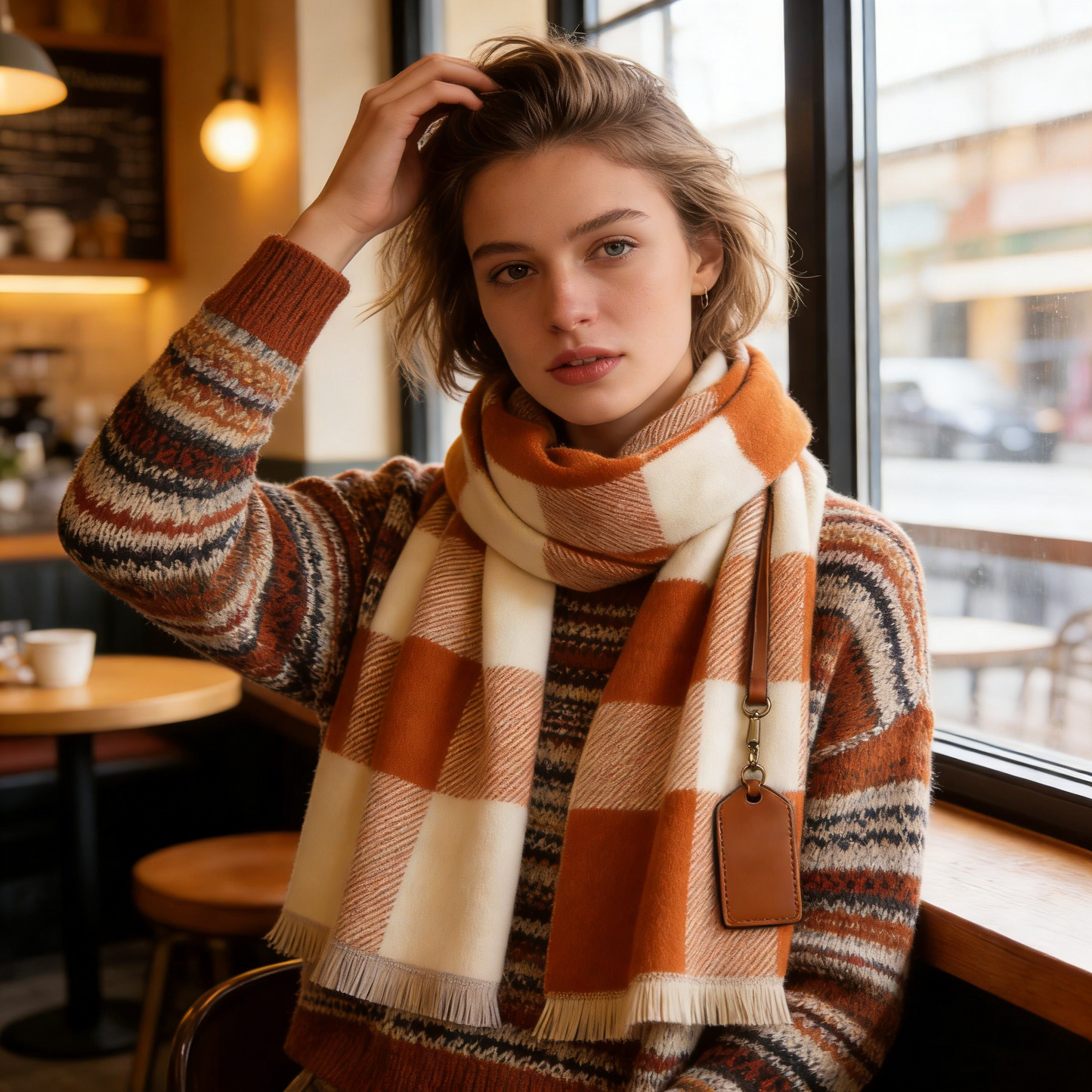 Caramel & Cream Checkered Wool Blend Scarf