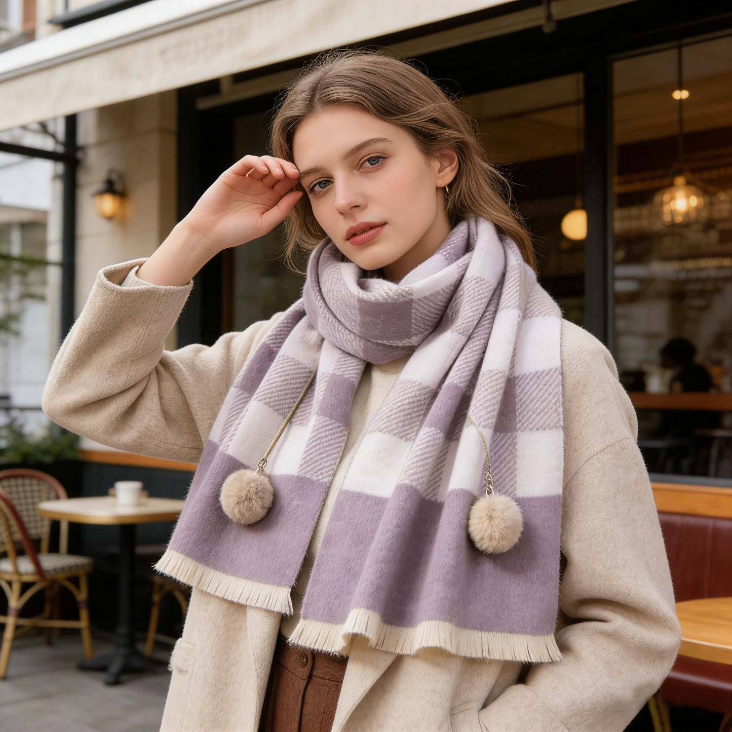 Lavender & Cream Pom-Pom Checkered Scarf