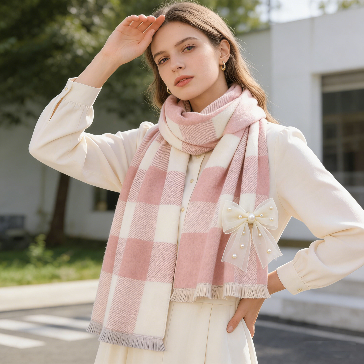 Blush Pink & Cream Bow Checkered Scarf