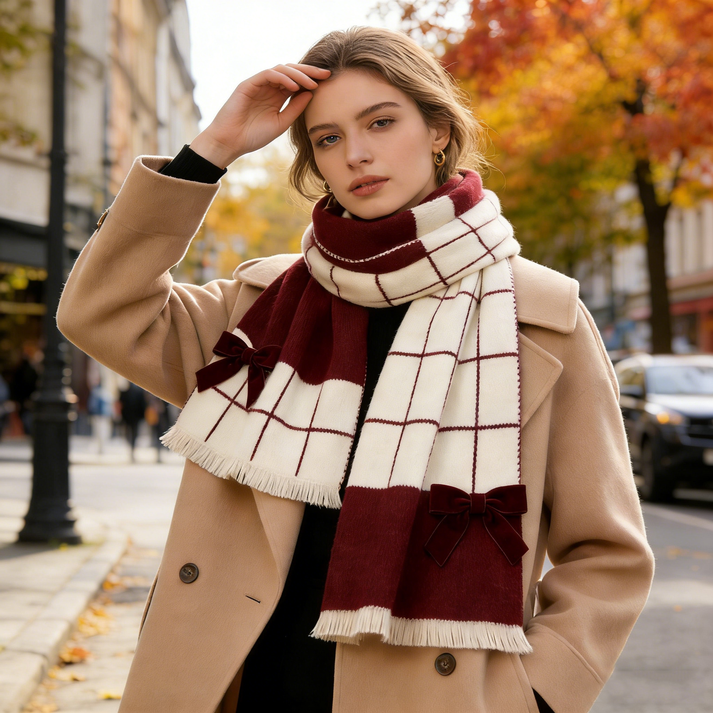 Burgundy & Cream Velvet Bow Scarf