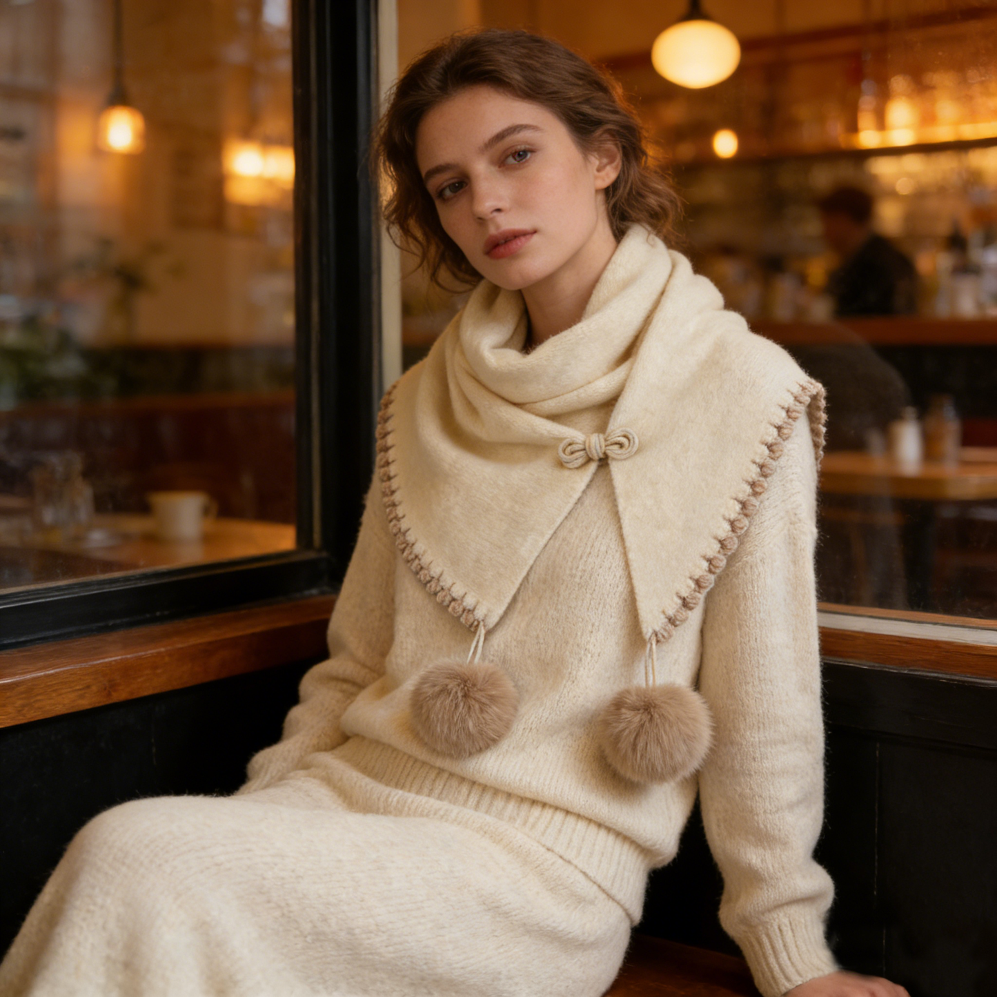 Ivory Knit Pom-Pom Shawl