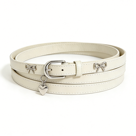 Elegant White Skinny Belt with Bow & Heart Charm