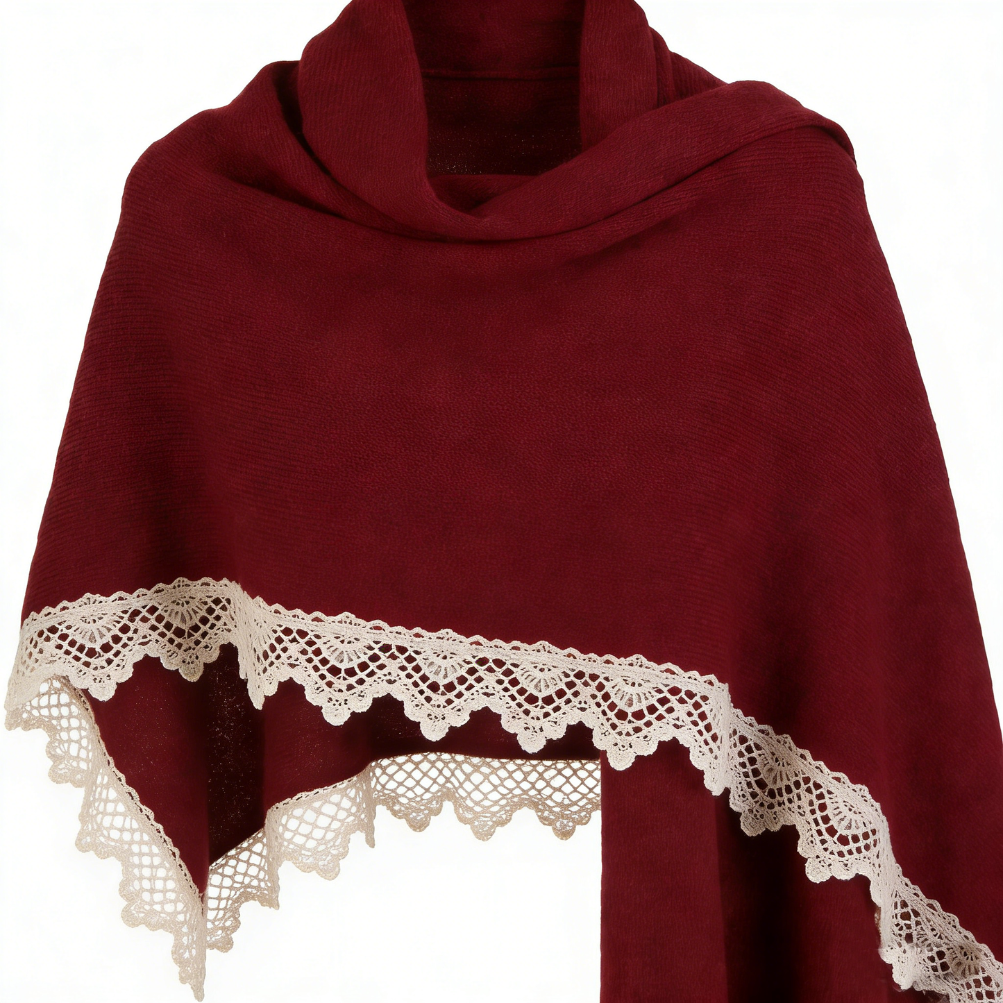 Burgundy Knit Poncho with Ivory Lace Trim