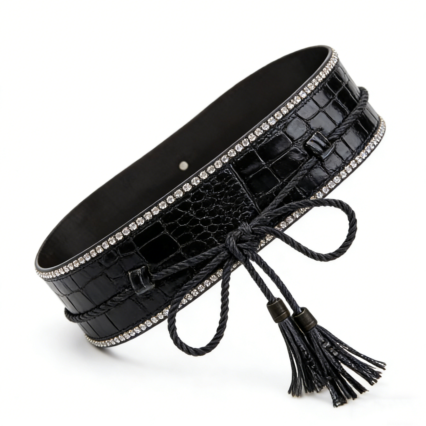 Glamorous Black Croc Belt with Rhinestone Trim & Tassel Tie