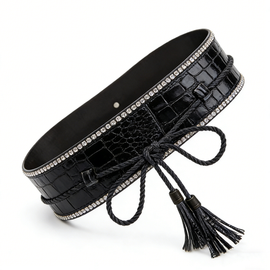 Glamorous Black Croc Belt with Rhinestone Trim & Tassel Tie
