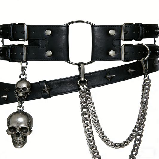 Edgy Black Punk Belt with Skull Charms & Chains