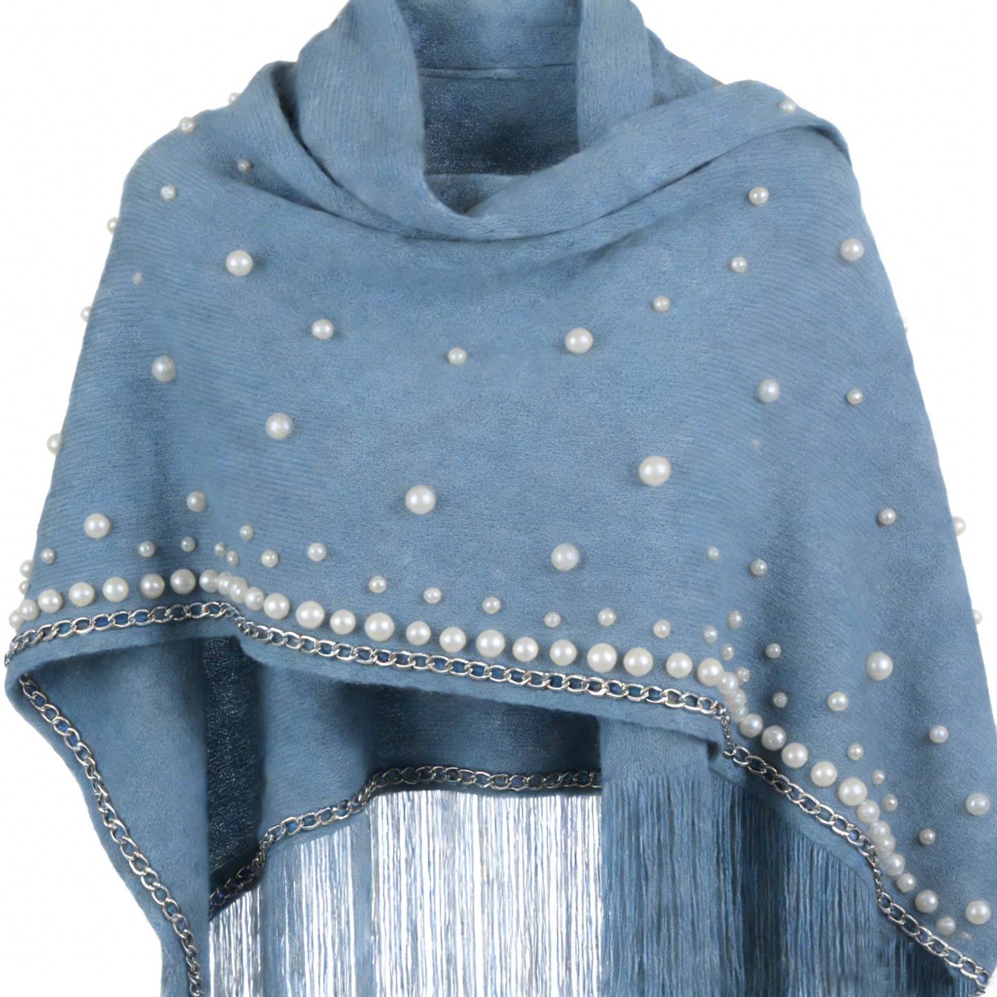 Light Blue Pearl & Chain Fringe Poncho