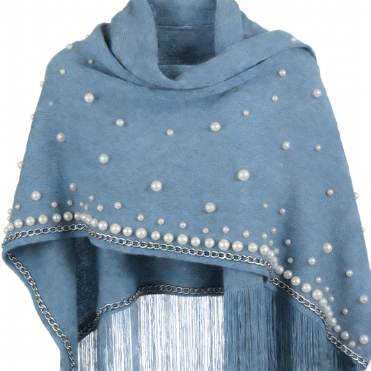 Light Blue Pearl & Chain Fringe Poncho