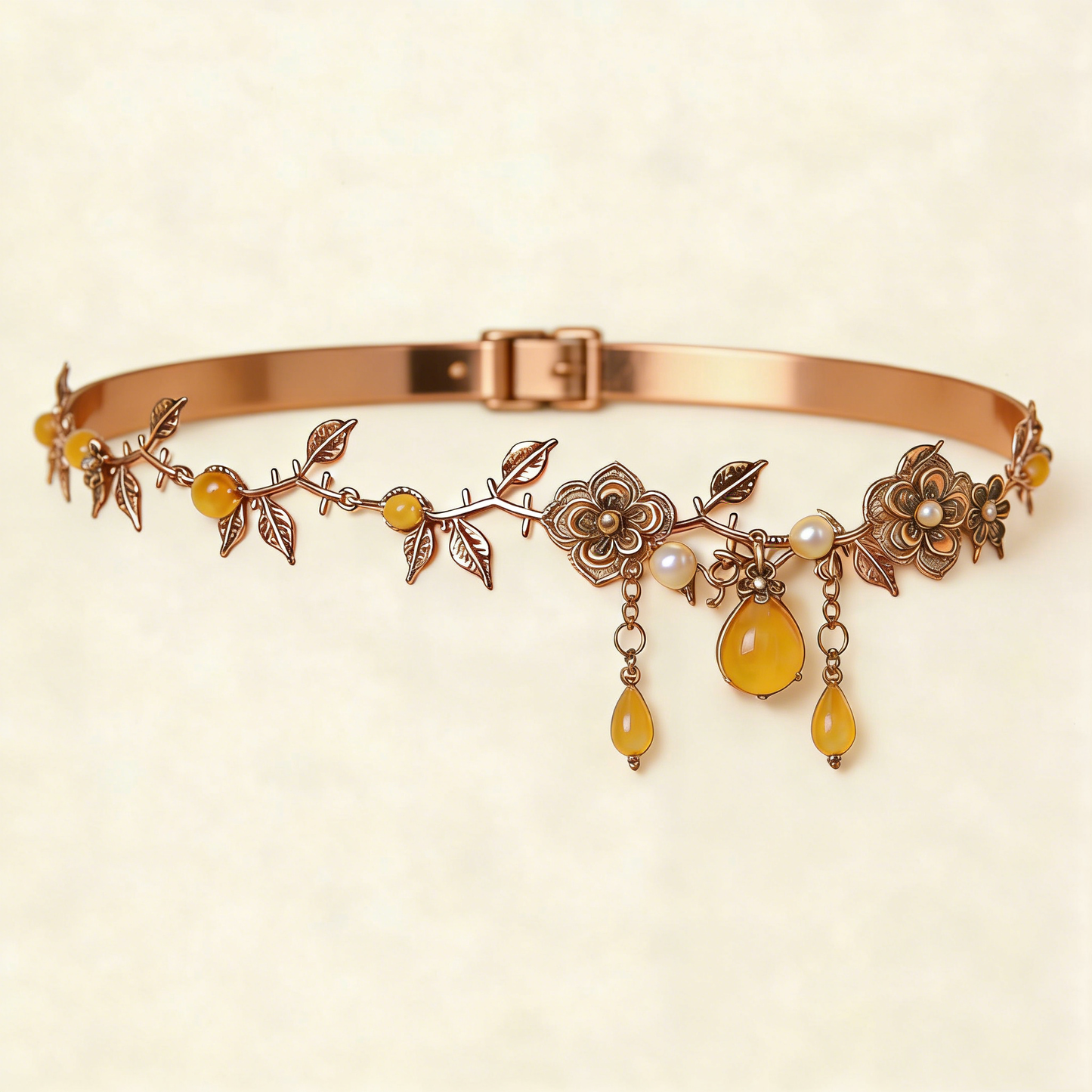 Romantic Golden Floral Belt with Yellow Gemstones