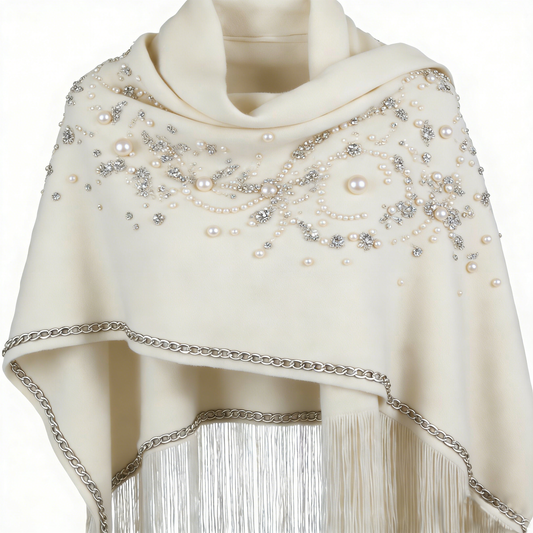 Ivory Crystal & Pearl Embellished Poncho