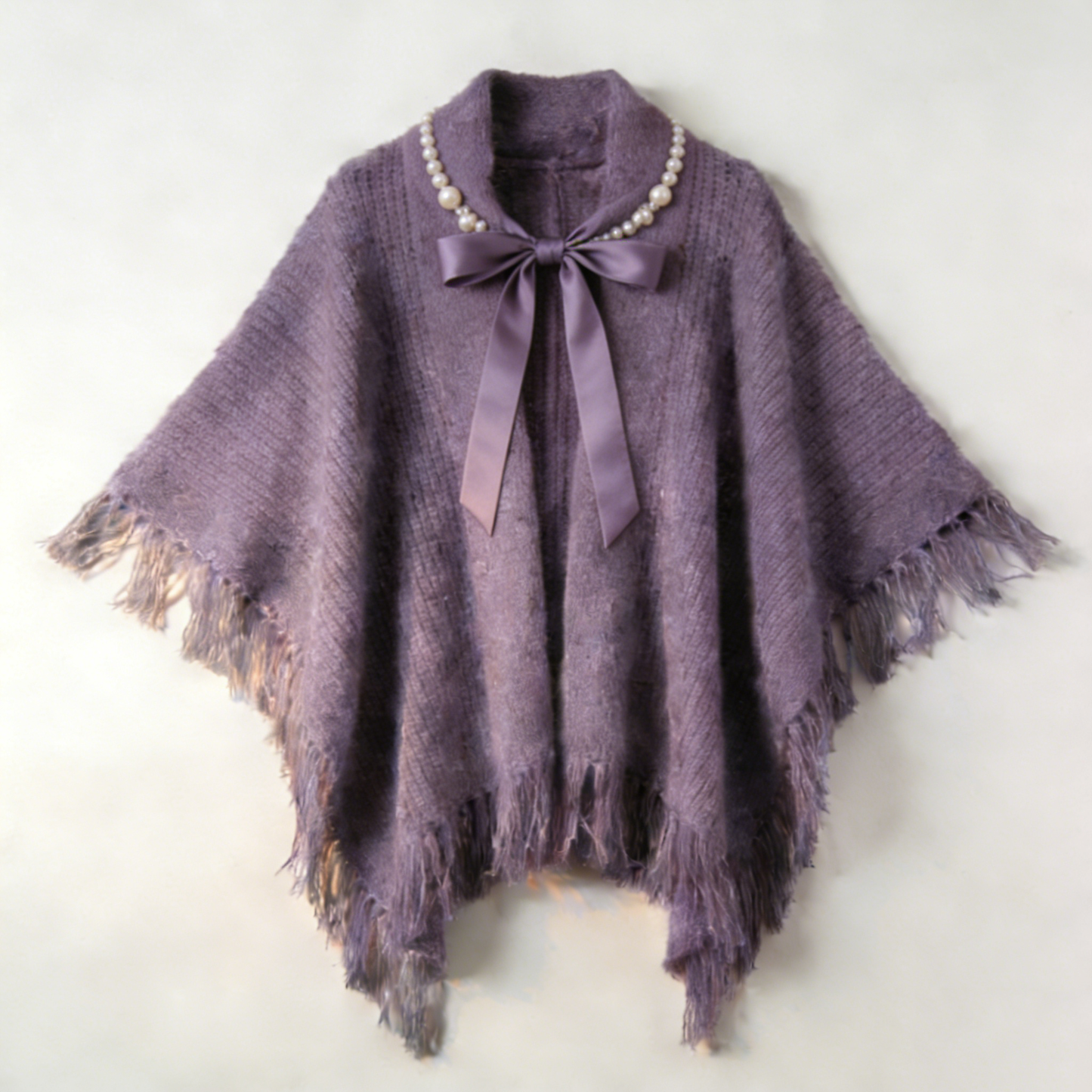 Lavender Knit Poncho with Pearl Collar & Satin Bow