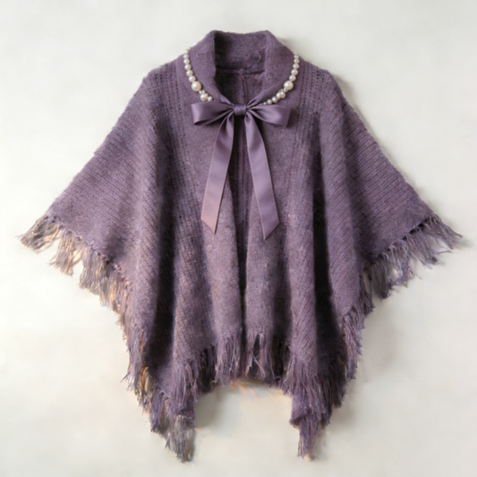 Lavender Knit Poncho with Pearl Collar & Satin Bow