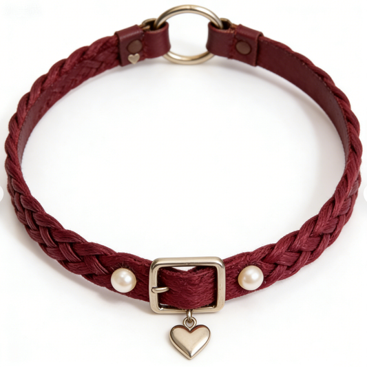 Burgundy Braided Choker Belt with Pearl & Heart Accents