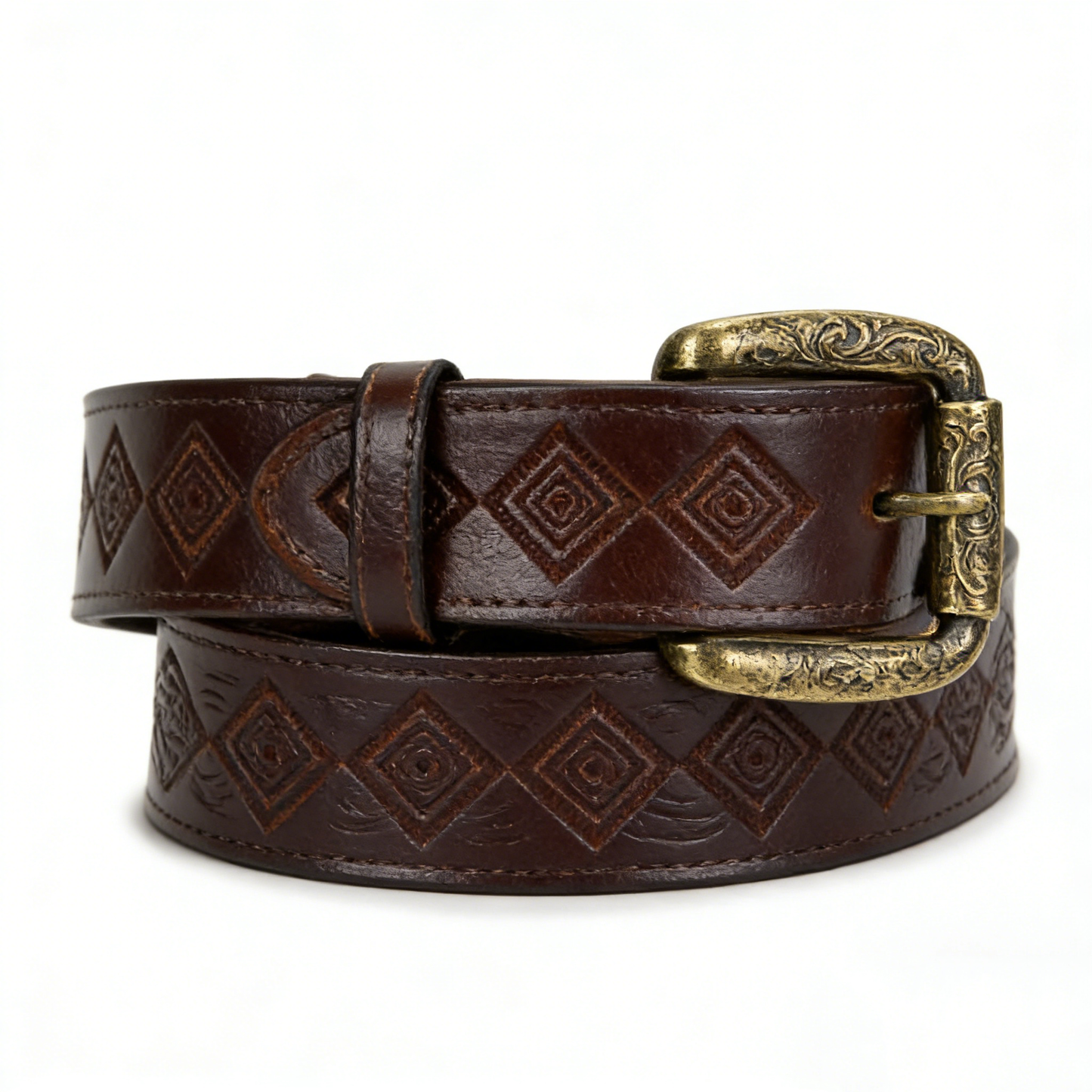 Rustic Tooled Leather Belt with Diamond Pattern