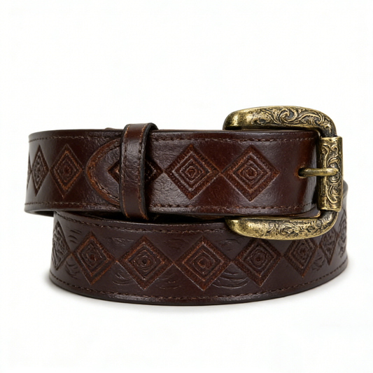Rustic Tooled Leather Belt with Diamond Pattern