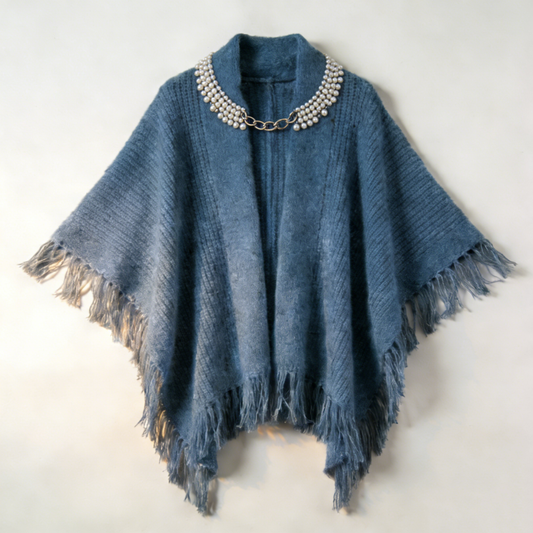 Denim Blue Knit Poncho with Pearl Choker Detail