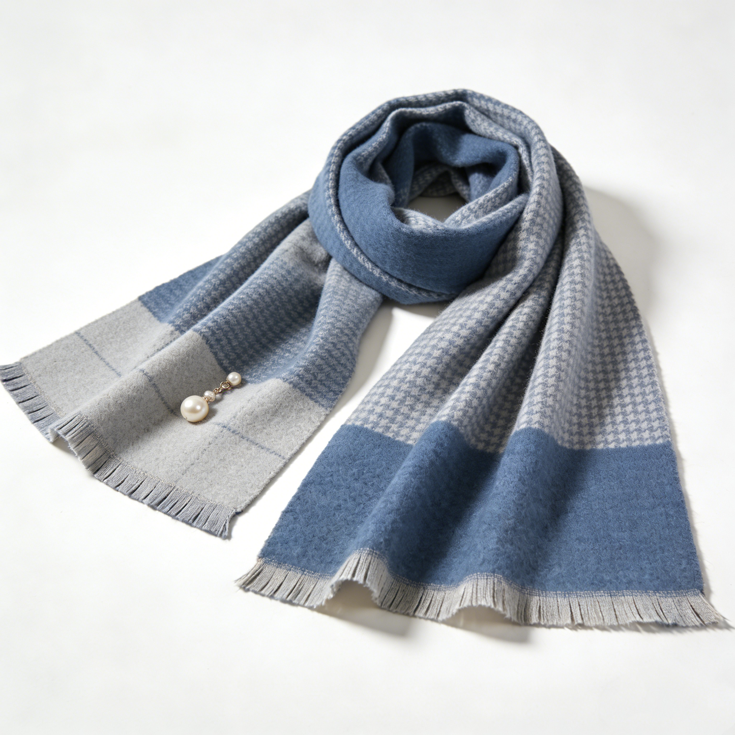 Blue & Grey Houndstooth Wool Scarf