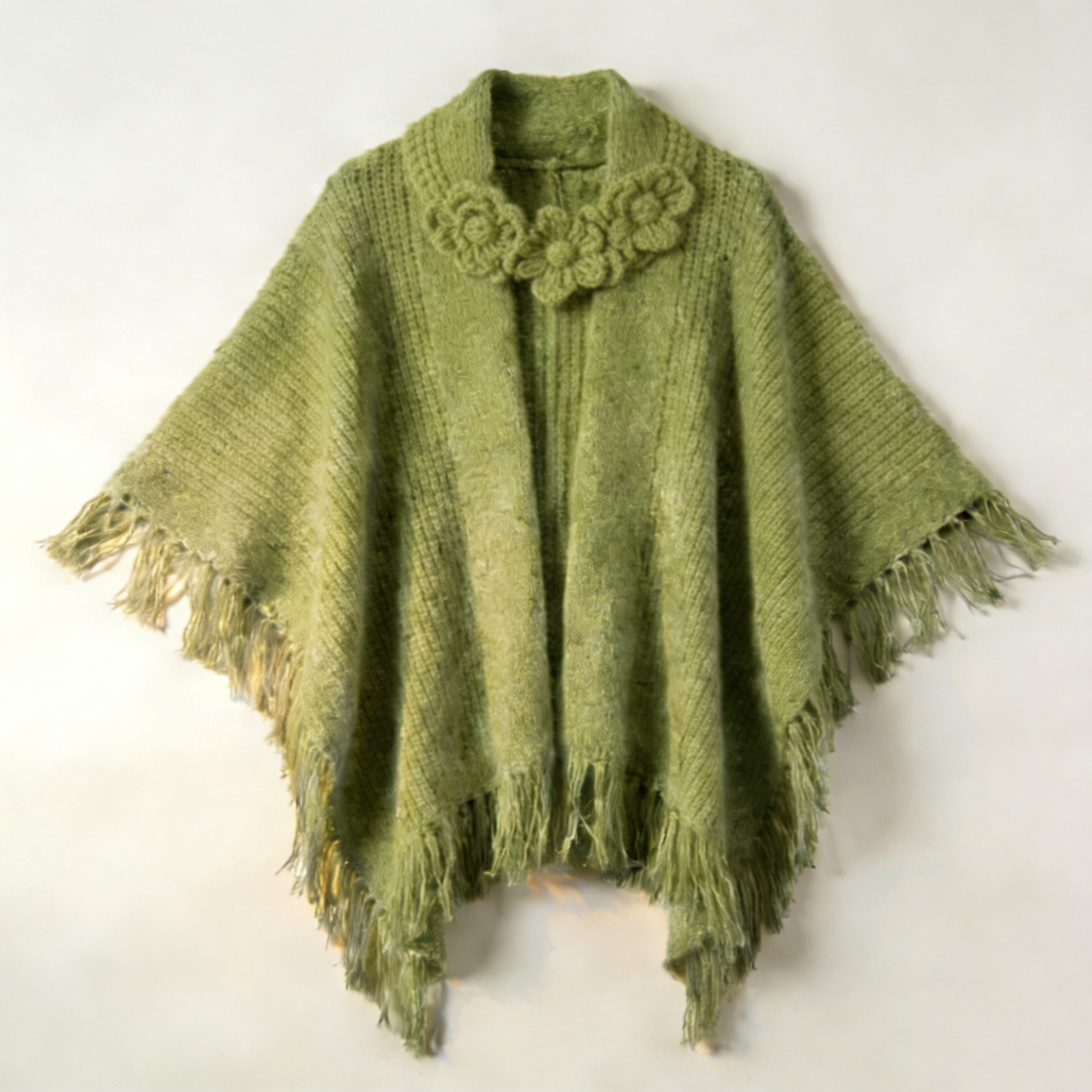 Olive Green Knit Poncho with Crochet Flower Collar